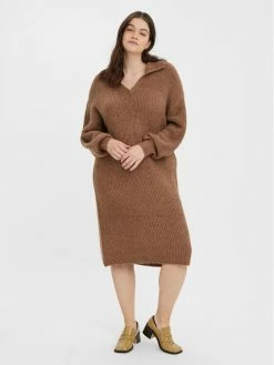 Το φθηνότερο 🥰 Vero Moda Curve Γυναίκες Πλεκτά Φορέματα Φόρεμα υφασμάτινο Filene 10279539 Καφέ Regular Fit 👏